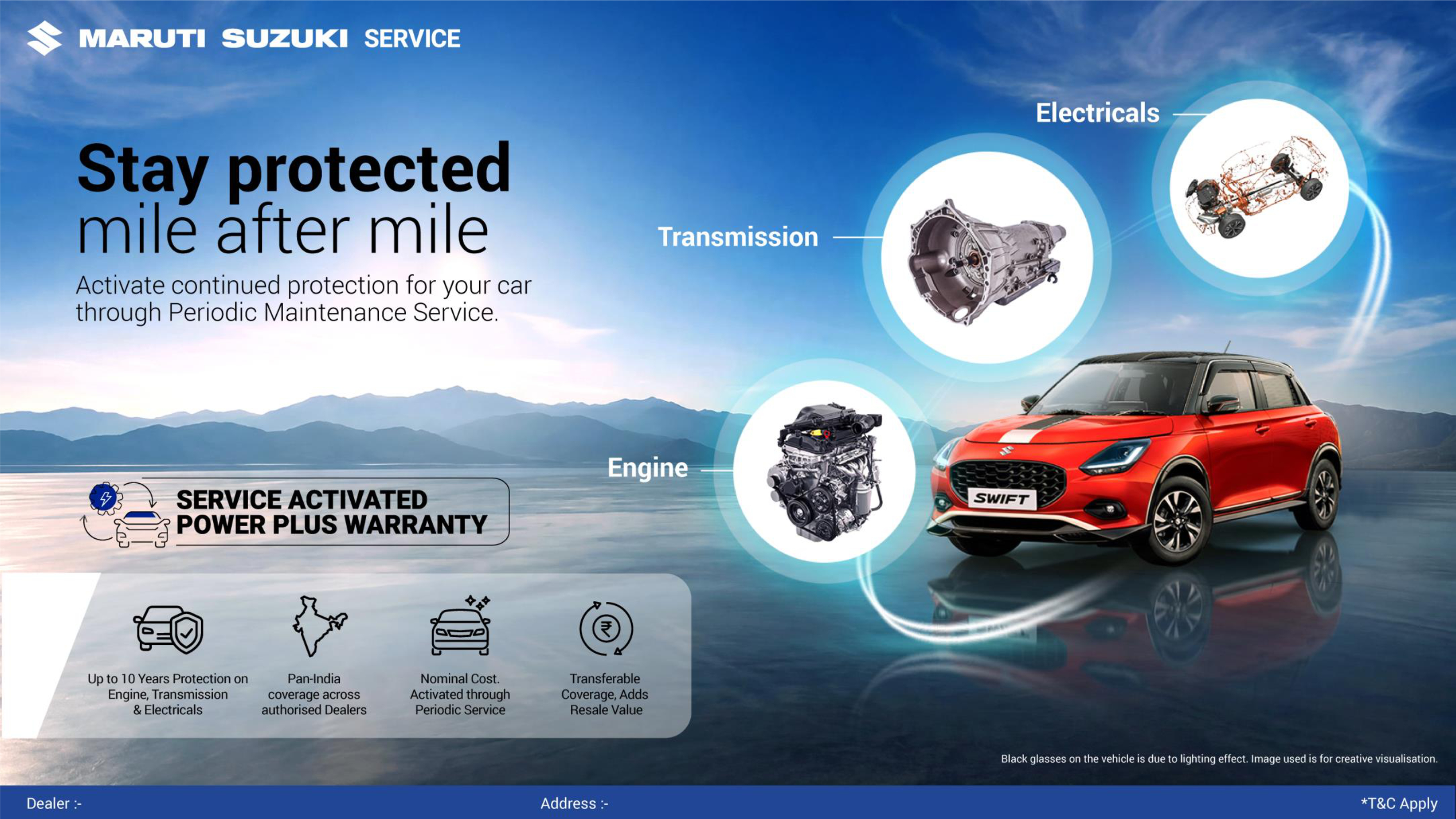 Maruti Suzuki Swift car with Power Plus Warranty showing engine, transmission and electrical protection under periodic maintenance service.