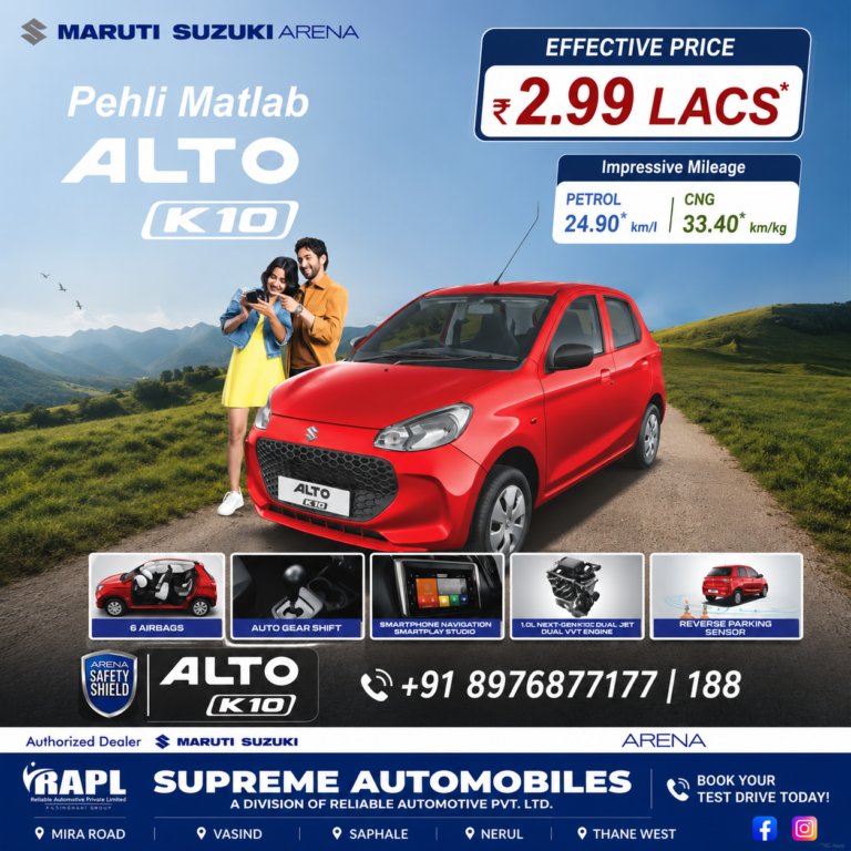 Maruti Suzuki Alto K10 parked on a scenic road showcasing effective price of ₹2.99 lakhs, petrol mileage of 24.90 km/l, CNG mileage of 33.40 km/kg, available at Supreme Automobiles Arena dealership.